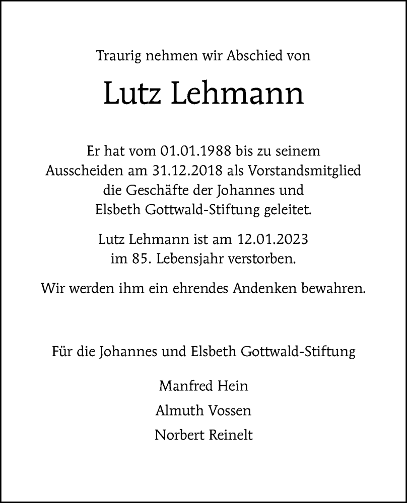  Traueranzeige für Lutz Lehmann vom 22.01.2023 aus Berliner Morgenpost