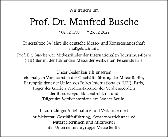 Traueranzeige von Manfred Busche von Berliner Morgenpost