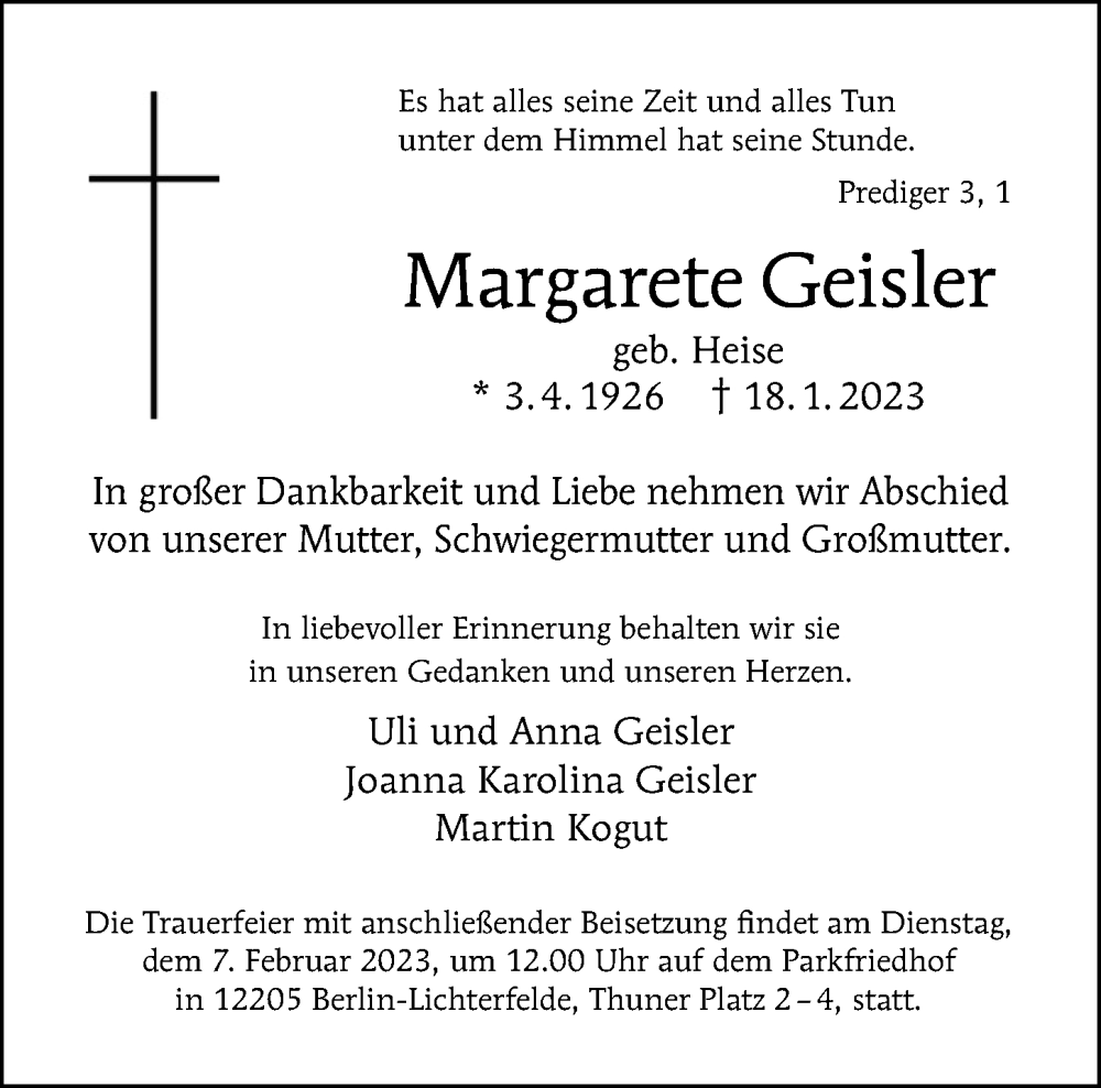  Traueranzeige für Margarete Geisler vom 29.01.2023 aus Berliner Morgenpost