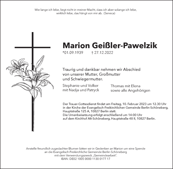 Traueranzeige von Marion Geißler-Pawelzik von Berliner Morgenpost