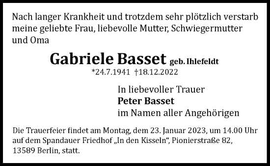 Traueranzeige von Peter Basset von Berliner Woche / Spandauer Volksblatt