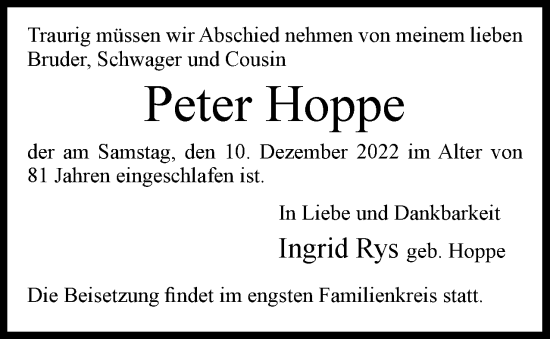 Traueranzeige von Peter Hoppe von Berliner Woche / Spandauer Volksblatt
