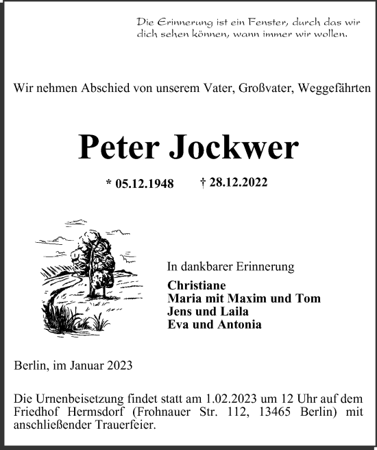 Traueranzeige von Peter Jockwer von Berliner Morgenpost