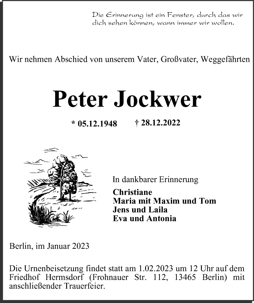  Traueranzeige für Peter Jockwer vom 08.01.2023 aus Berliner Morgenpost