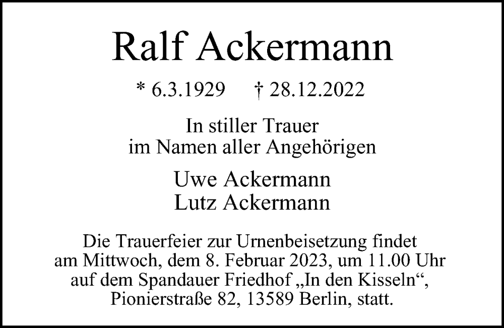  Traueranzeige für Ralf Ackermann vom 08.01.2023 aus Berliner Morgenpost
