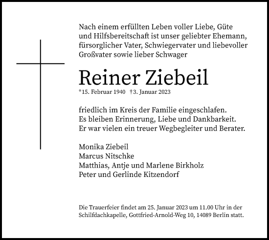 Traueranzeige von Reiner Ziebeil von Berliner Woche / Spandauer Volksblatt