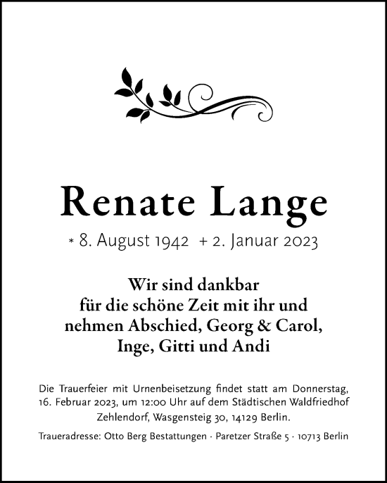 Traueranzeige von Renate Lange von Berliner Morgenpost
