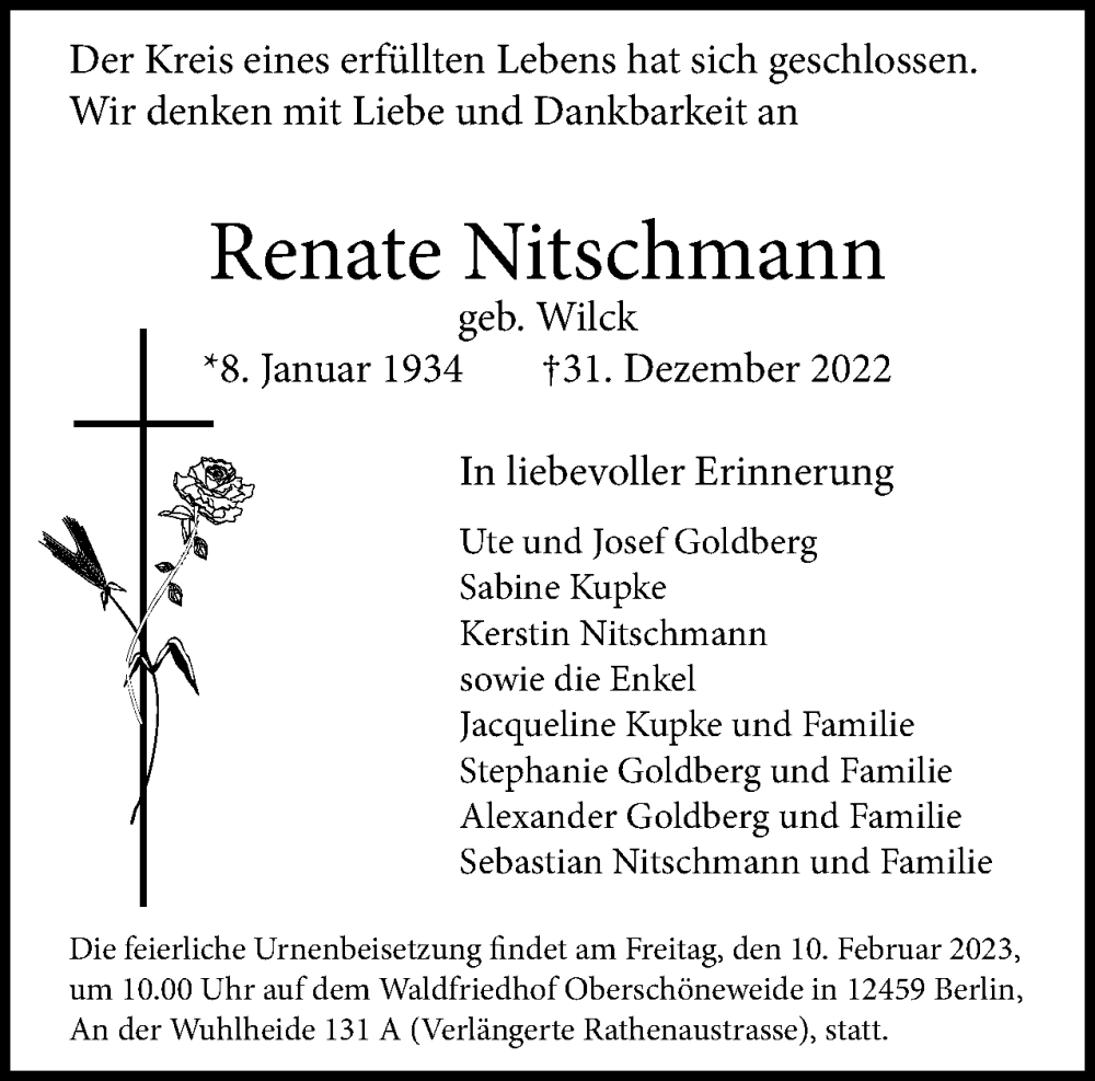  Traueranzeige für Renate Nitschmann vom 14.01.2023 aus Berliner Woche / Spandauer Volksblatt