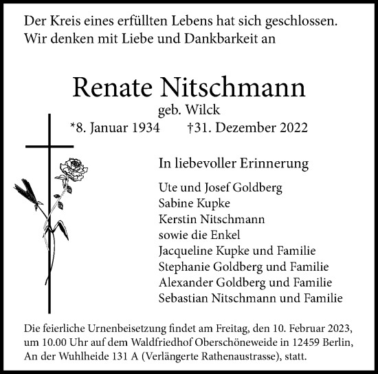 Traueranzeige von Renate Nitschmann von Berliner Woche / Spandauer Volksblatt