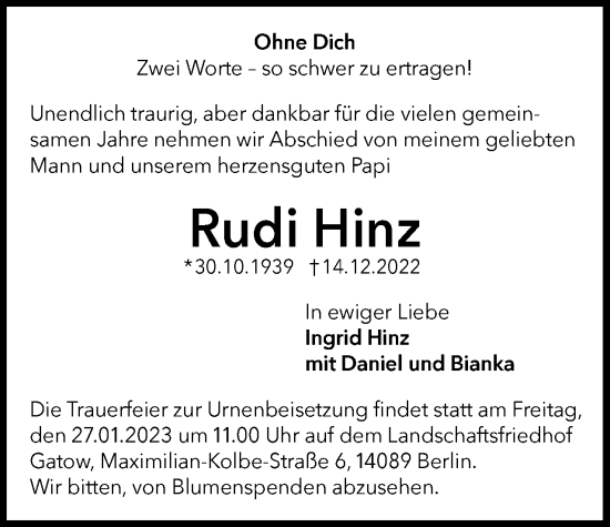 Traueranzeige von Rudi Hinz von Berliner Woche / Spandauer Volksblatt