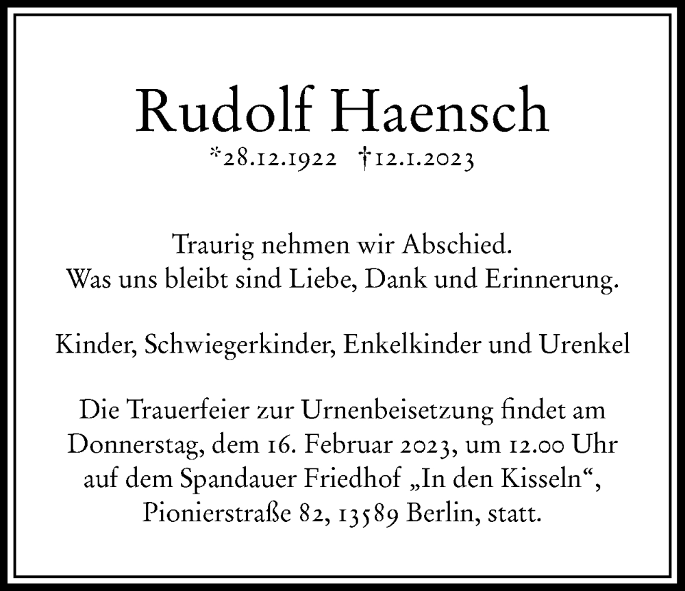 Traueranzeige für Rudolf Haensch vom 28.01.2023 aus Berliner Woche / Spandauer Volksblatt