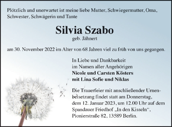 Traueranzeige von Silvia Szabo von Berliner Woche / Spandauer Volksblatt