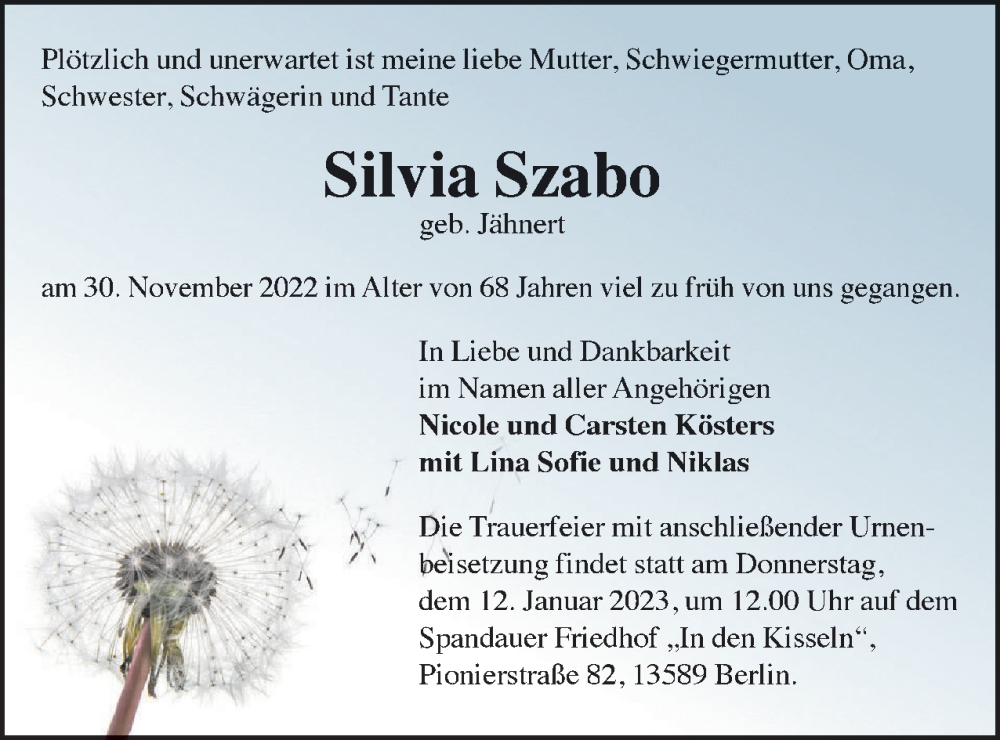  Traueranzeige für Silvia Szabo vom 07.01.2023 aus Berliner Woche / Spandauer Volksblatt