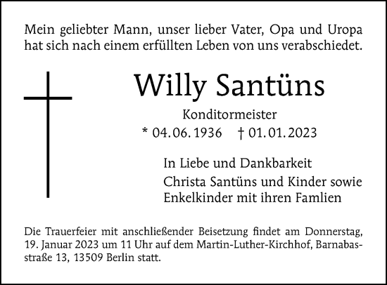 Traueranzeige von Willy Santüns von Berliner Morgenpost