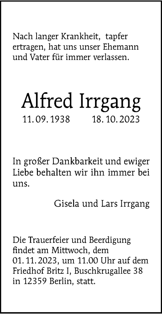 Traueranzeige von Alfred Irrgang von Berliner Morgenpost