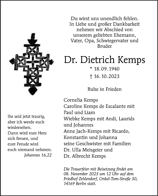 Traueranzeige von Dietrich Kemps von Berliner Morgenpost