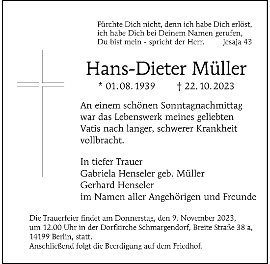 Traueranzeige von Hans-Dieter Müller von Berliner Morgenpost
