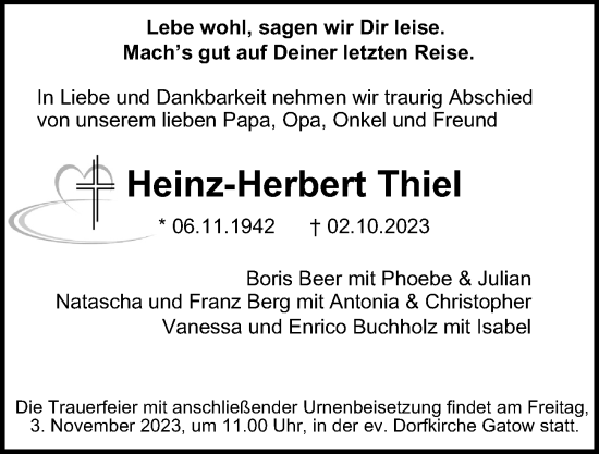 Traueranzeige von Heinz-Herbert Thiel von Berliner Morgenpost