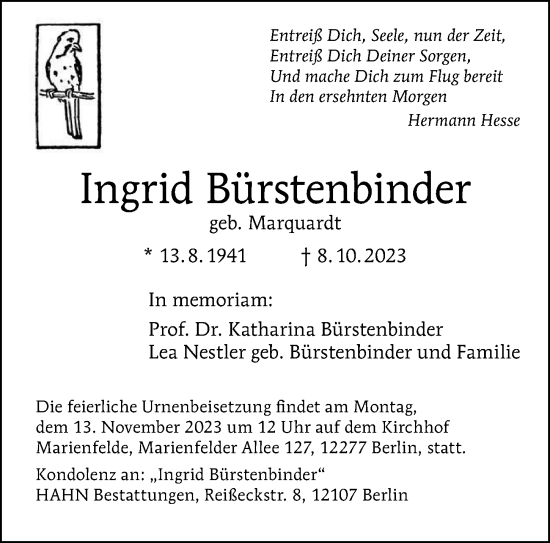 Traueranzeige von Ingrid Bürstenbinder von Berliner Morgenpost