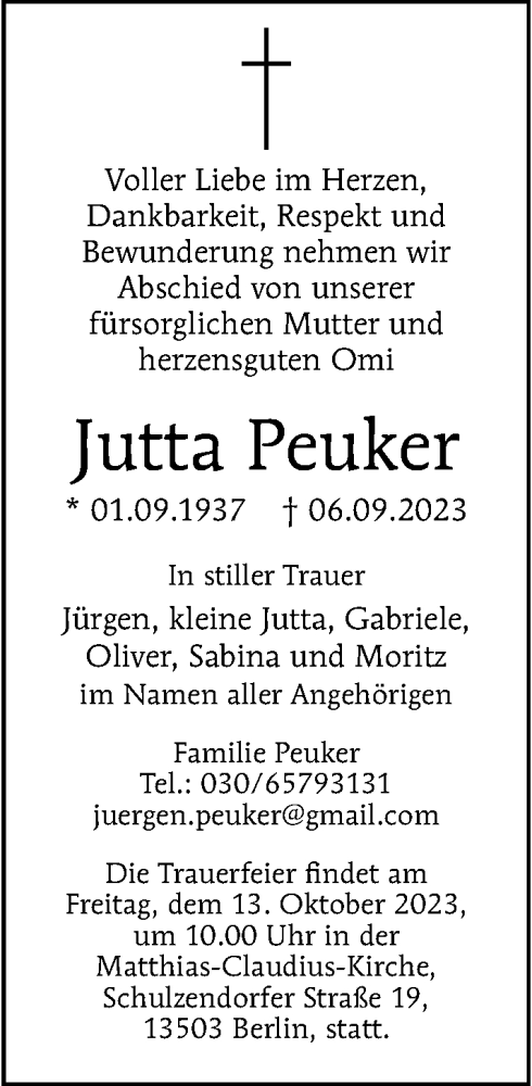 Traueranzeige von Jutta Peuker von Berliner Morgenpost