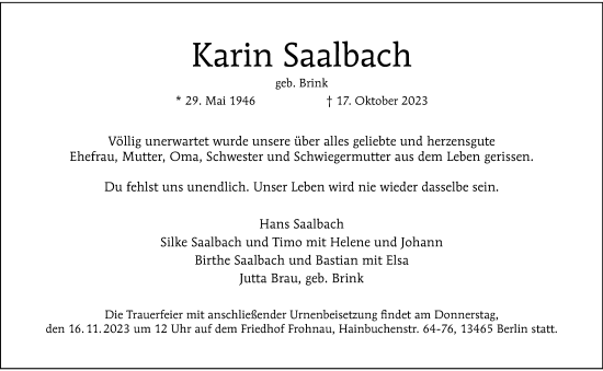 Traueranzeige von Karin Saalbach von Berliner Morgenpost