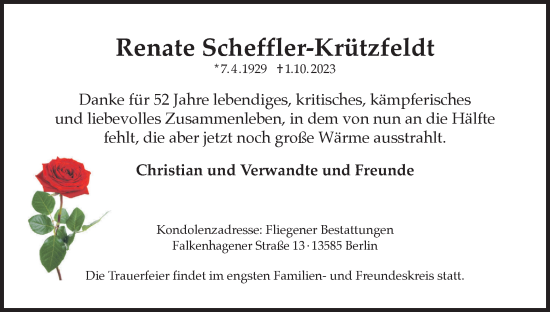 Traueranzeige von Renate Scheffler-Krützfeldt 