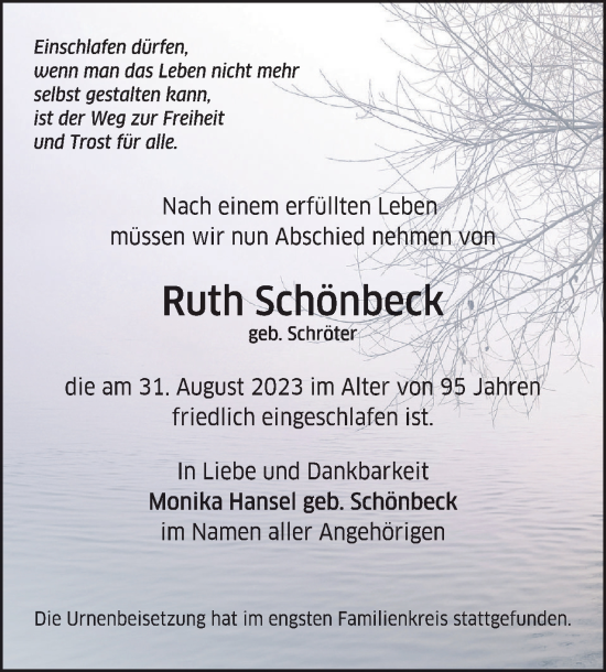 Traueranzeige von Ruth Schönbeck 