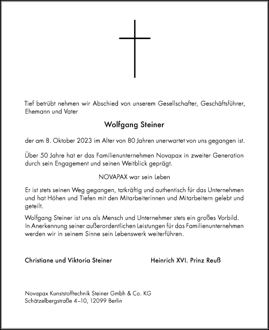 Traueranzeige von Wolfgang Steiner von Berliner Morgenpost
