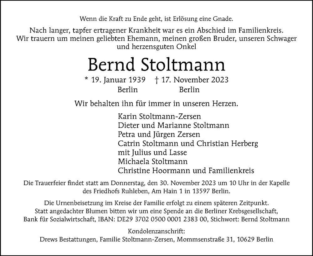  Traueranzeige für Bernd Stoltmann vom 26.11.2023 aus Berliner Morgenpost