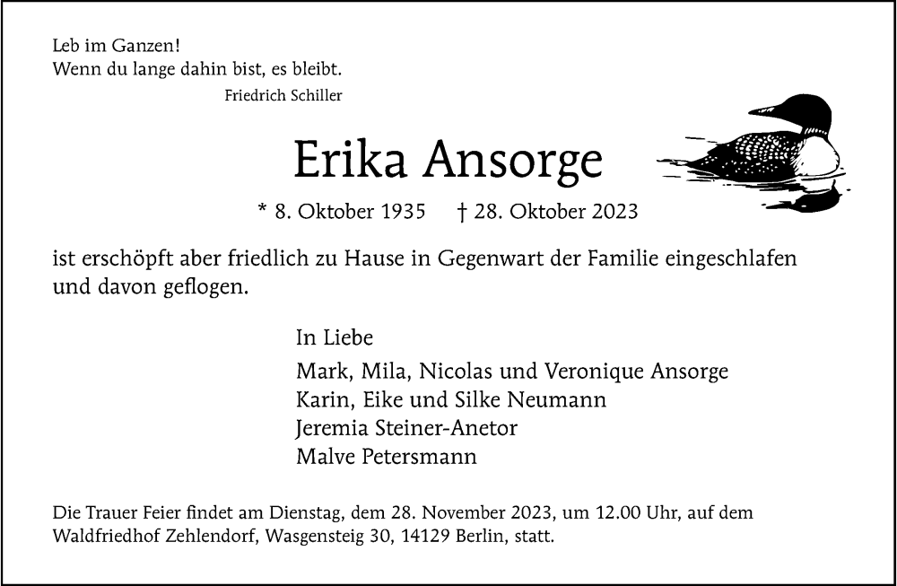  Traueranzeige für Erika Ansorge vom 12.11.2023 aus Berliner Morgenpost