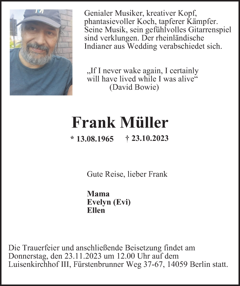  Traueranzeige für Frank Müller vom 12.11.2023 aus Berliner Morgenpost