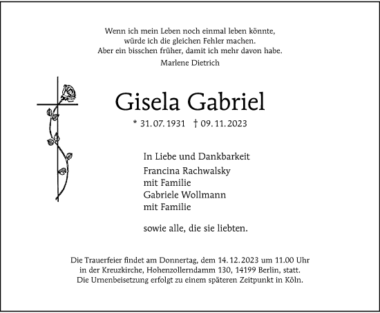 Traueranzeige von Gisela Gabriel von Berliner Morgenpost