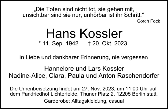 Traueranzeige von Hans Kossler von Berliner Morgenpost
