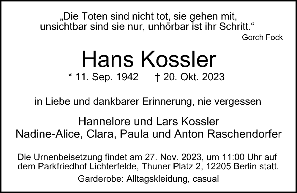  Traueranzeige für Hans Kossler vom 19.11.2023 aus Berliner Morgenpost