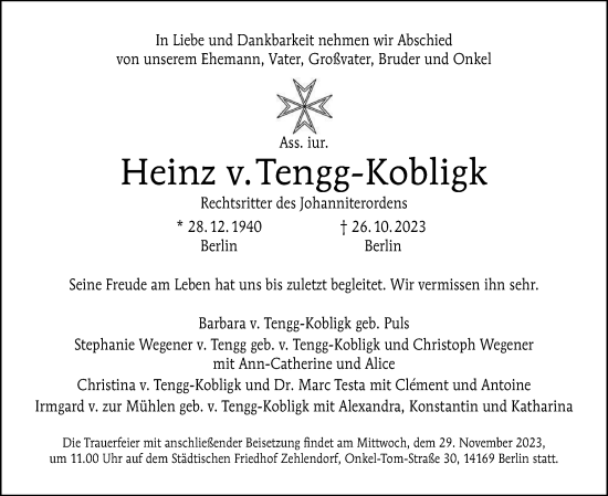 Traueranzeige von Heinz v. Tengg-Kobligk von Berliner Morgenpost