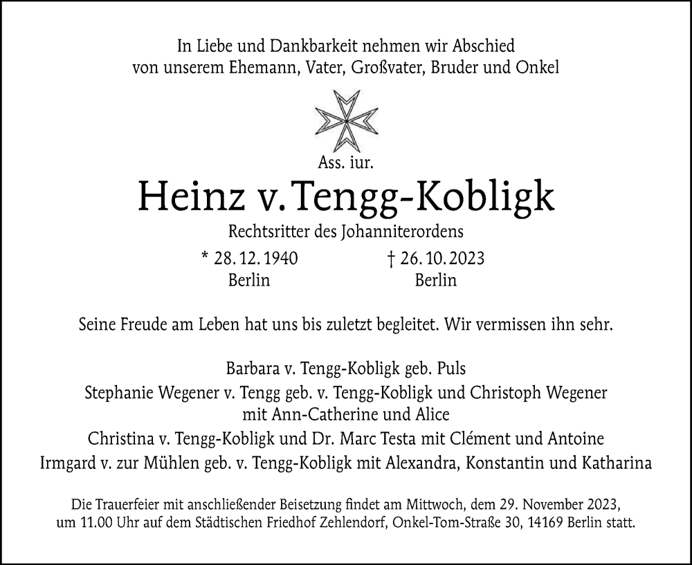  Traueranzeige für Heinz v. Tengg-Kobligk vom 19.11.2023 aus Berliner Morgenpost