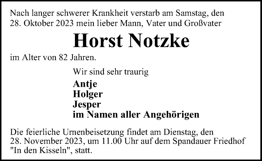  Traueranzeige für Horst Notzke vom 11.11.2023 aus 