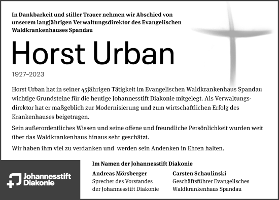 Traueranzeige von Horst Urban von Berliner Morgenpost