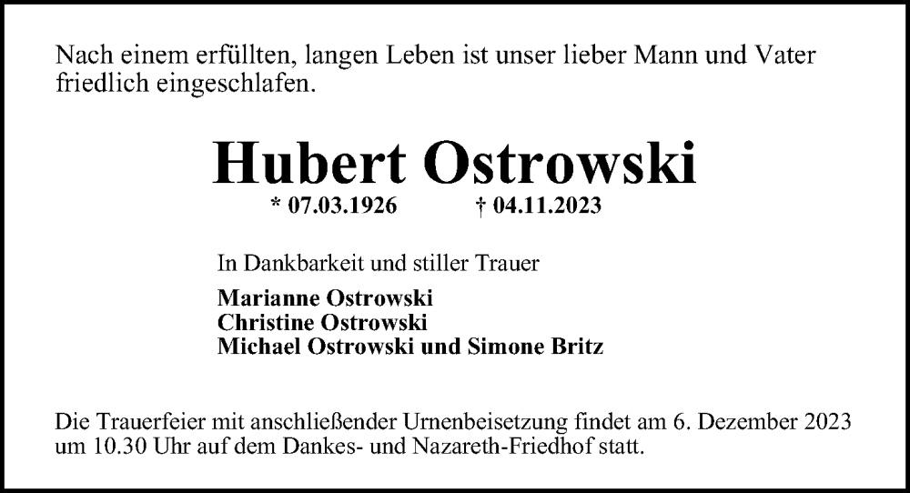  Traueranzeige für Hubert Ostrowski vom 19.11.2023 aus Berliner Morgenpost