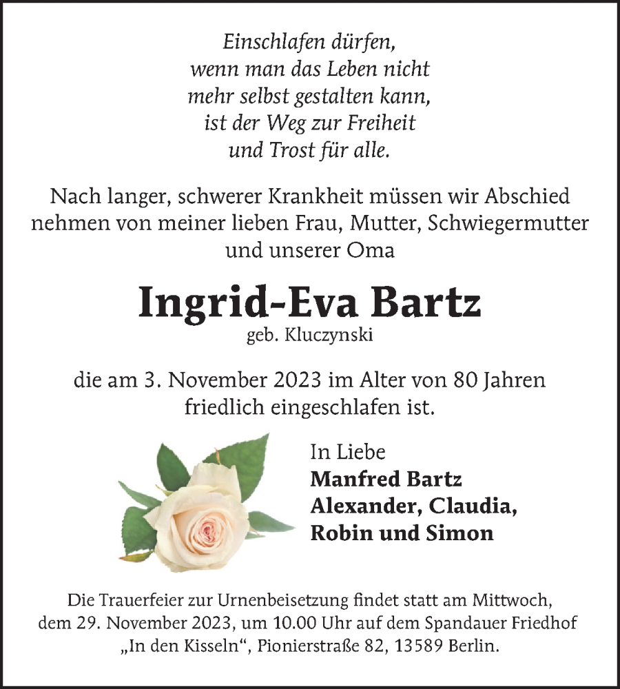  Traueranzeige für Ingrid-Eva Bartz vom 18.11.2023 aus 