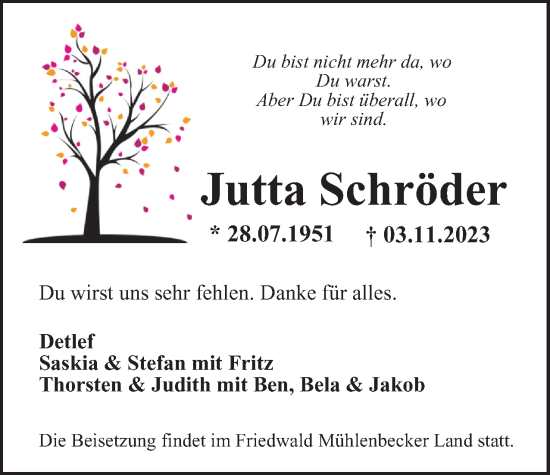 Traueranzeige von Jutta Schröder 