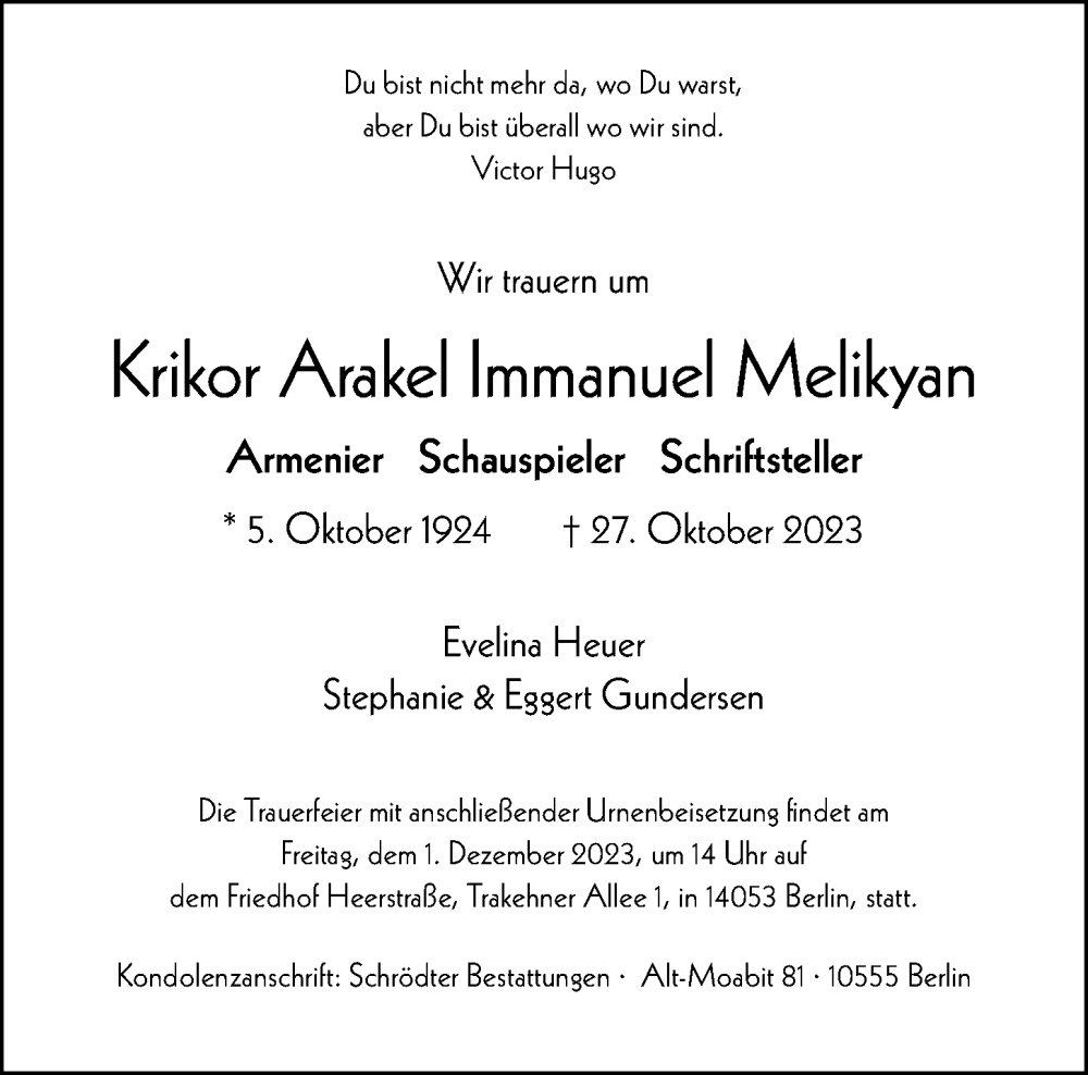  Traueranzeige für Krikor Arakel Immanuel Melikyan vom 12.11.2023 aus Berliner Morgenpost