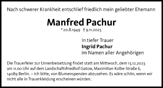 Traueranzeige von Manfred Pachur von Berliner Morgenpost