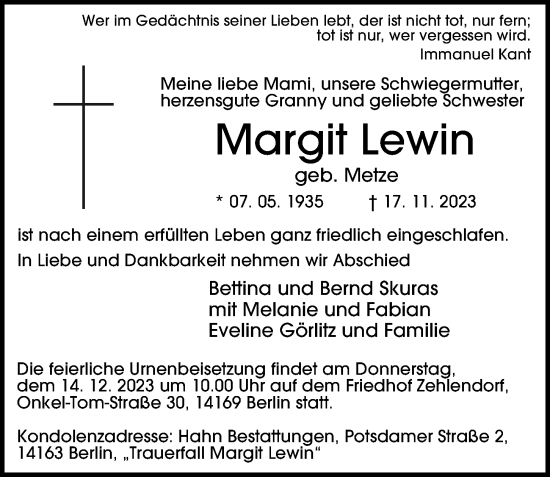 Traueranzeige von Margit Lewin von Berliner Morgenpost