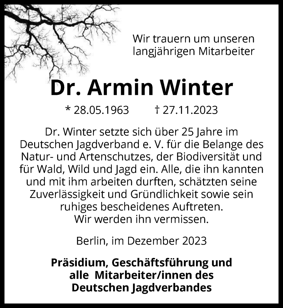  Traueranzeige für Armin Winter vom 10.12.2023 aus Berliner Morgenpost