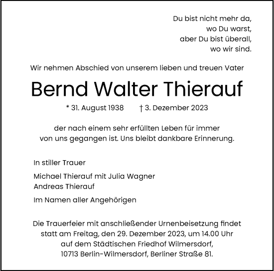 Traueranzeige von Bernd Walter Thierauf von Berliner Morgenpost
