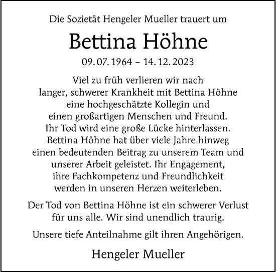 Traueranzeige von Bettina Höhne von Berliner Morgenpost