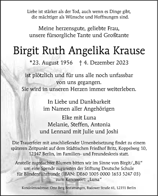 Traueranzeige von Birgit Ruth Angelika Krause von Berliner Morgenpost