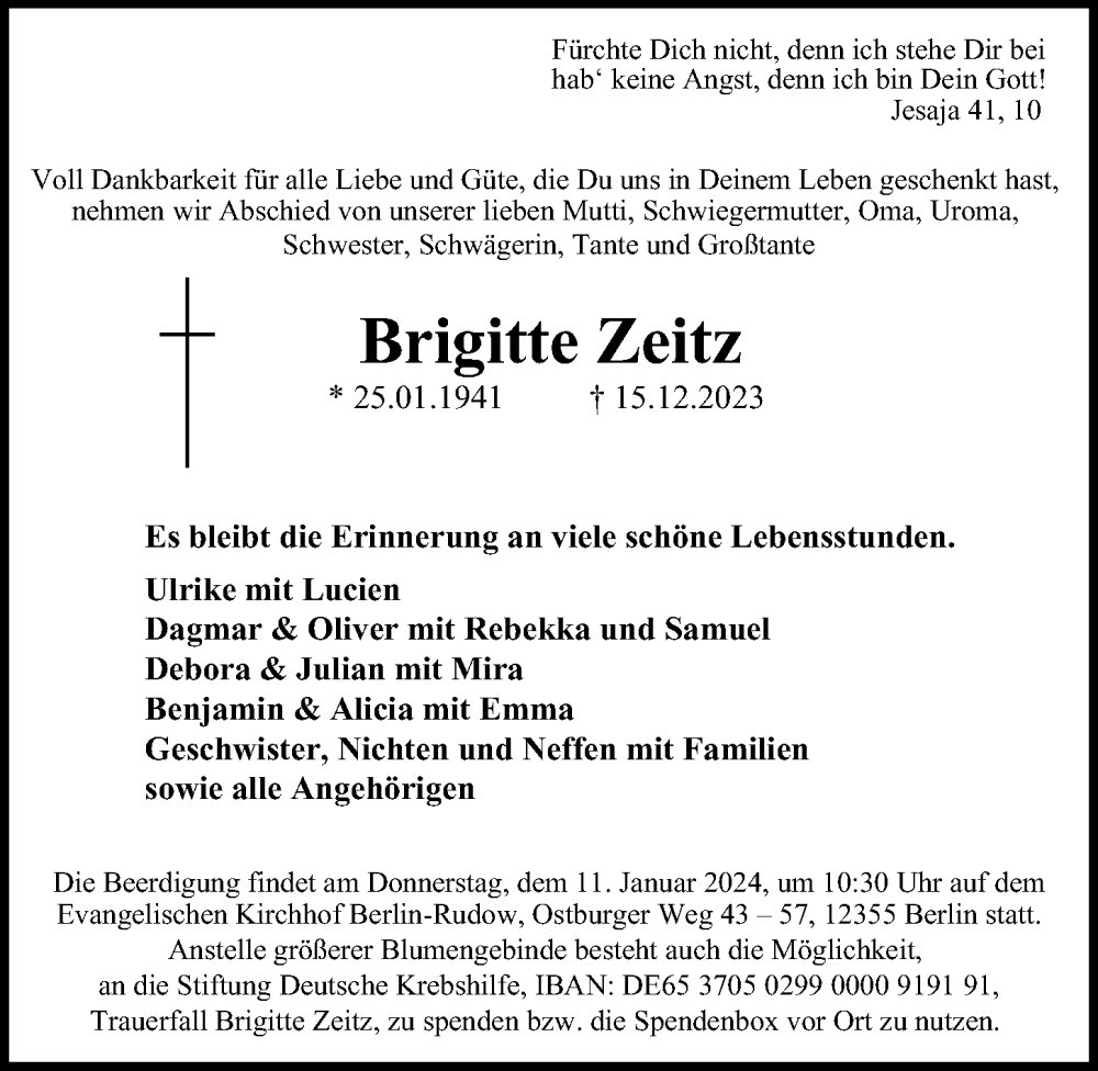  Traueranzeige für Brigitte Zeitz vom 31.12.2023 aus Berliner Morgenpost