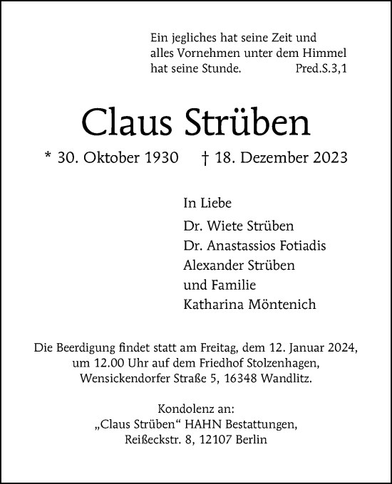 Traueranzeige von Claus Strüben von Berliner Morgenpost
